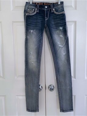 Rock Revival Luiza Skinny Jeans 27 Embellished Distressed Grunge Rhinestones